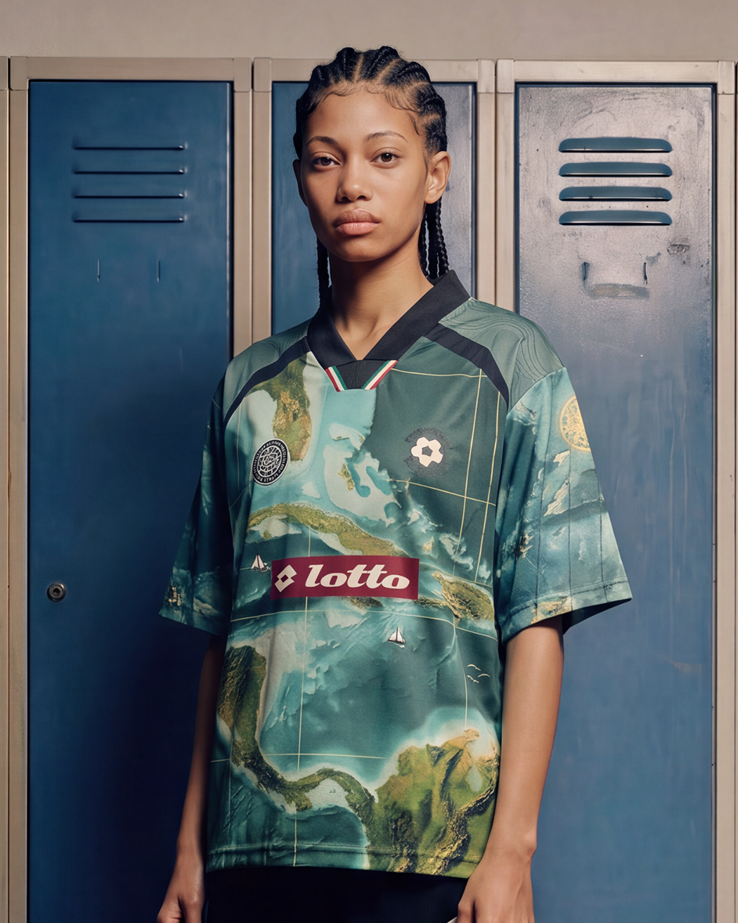Girl standing in front of a wall of lockers wearing the new LOTTO X Joshua Joseph jersey